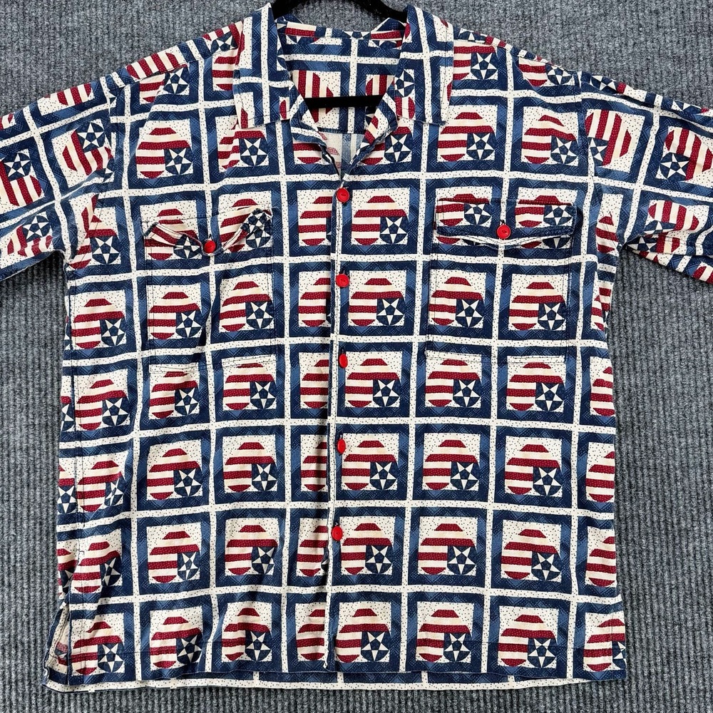 Vintage Folk Americana Patriotic Rustic Quilt Shirt USA Flag Handmade XL Country
